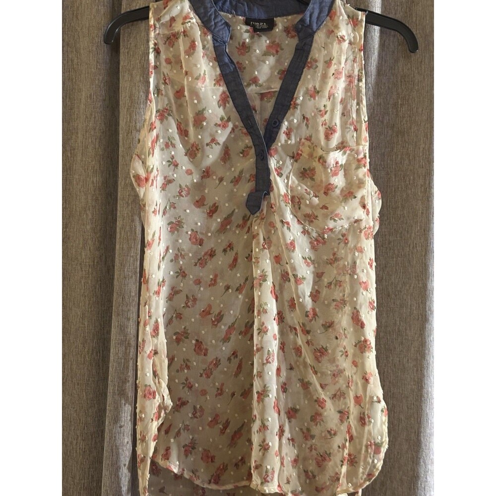 Sheer Floral Chiffon Button Blouse Sleeveless V-Neck Beige Blue Pink